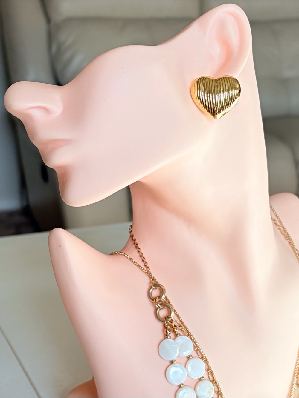 Gold Heart Ribbed Statement Earrings.